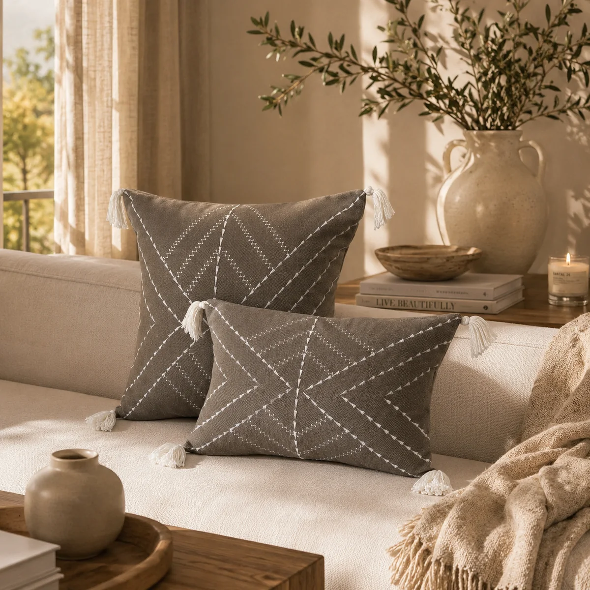 Cojines decorativos en sofá de tonos neutros
