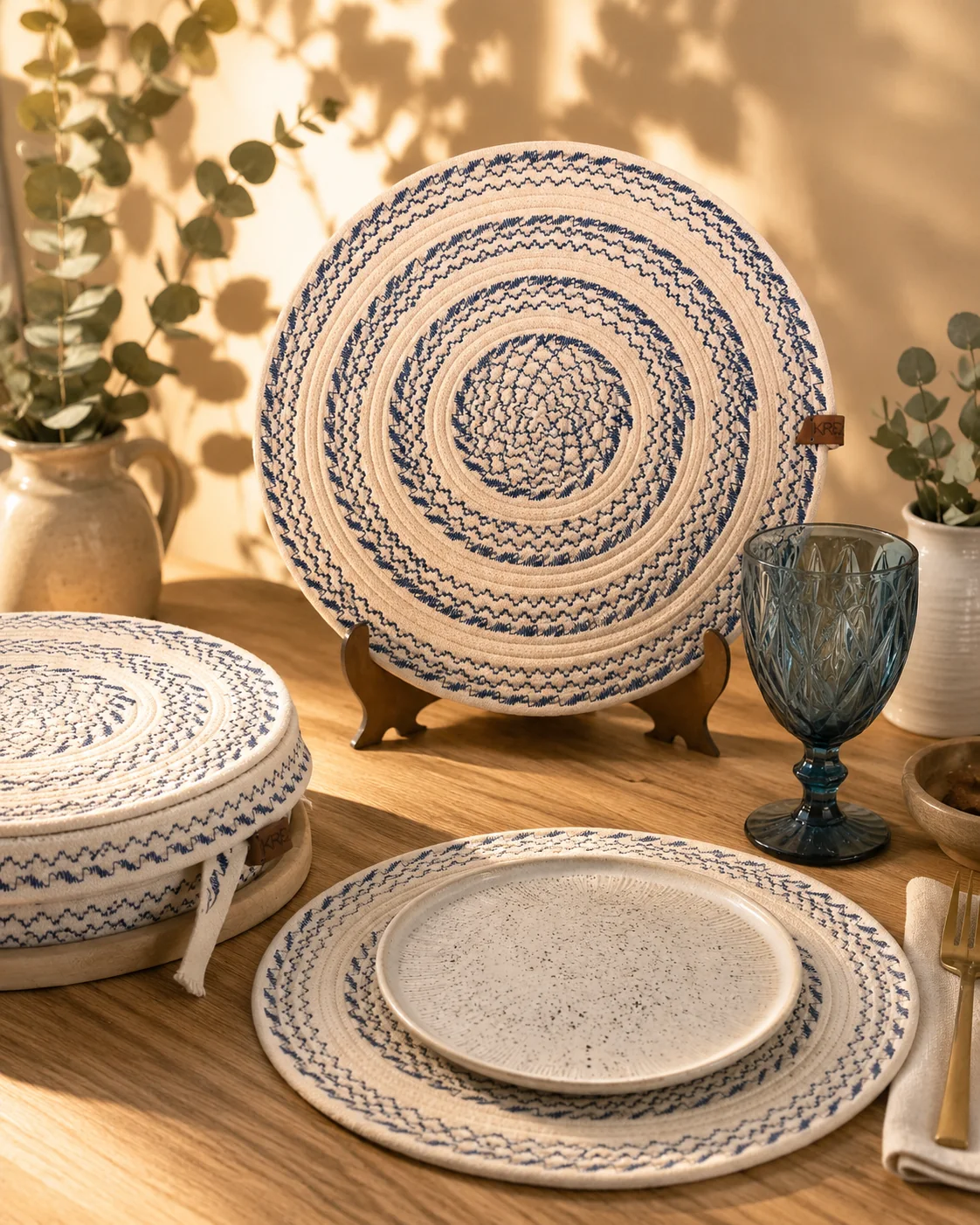Mesa de comedor decorada con individuales artesanales de cestería textil Kreanna