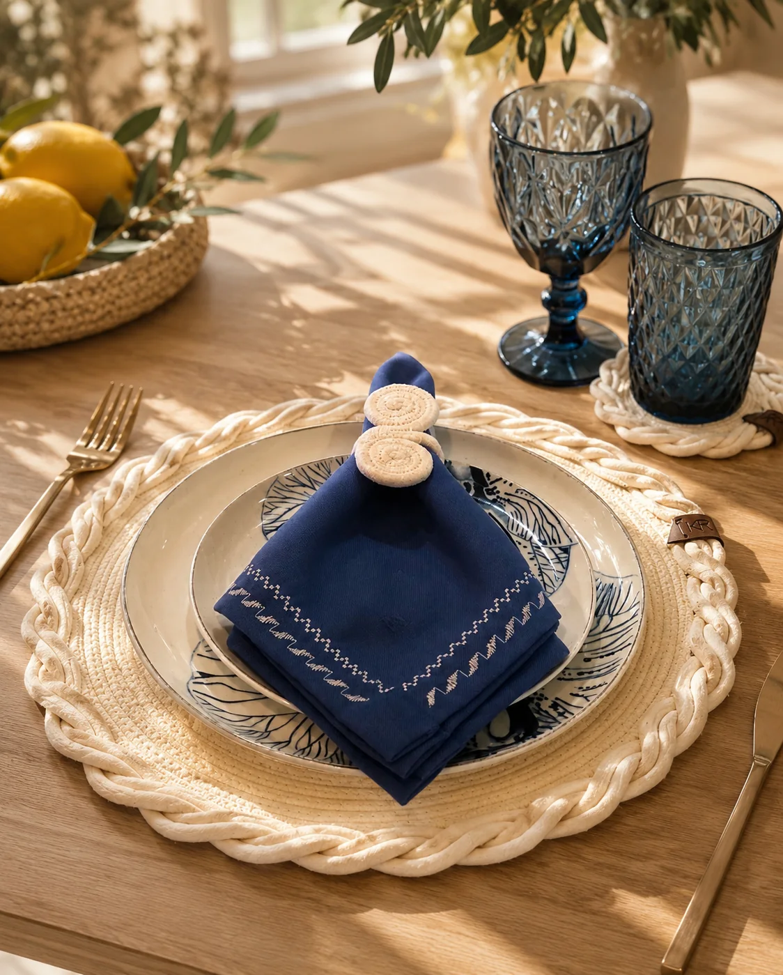 Detalle de mesa elegante con servilletero artesanal azul y vajilla clara